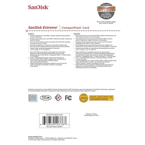 SanDisk Extreme Tarjeta de Memoria CompactFlash – 64 GB (sdcfxs-064g-a46)