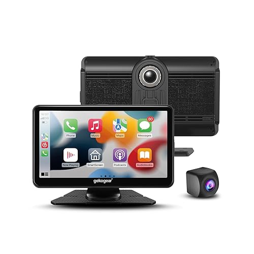 GekoGear Orbit C110 Wireless Carplay & Android Auto with 1080p Dash Cam, 7 Inch Portable Carplay Screen with 1080p Backup Camera, Car Audio Receivers with GPS Navigation, Bluetooth, Mirror Link