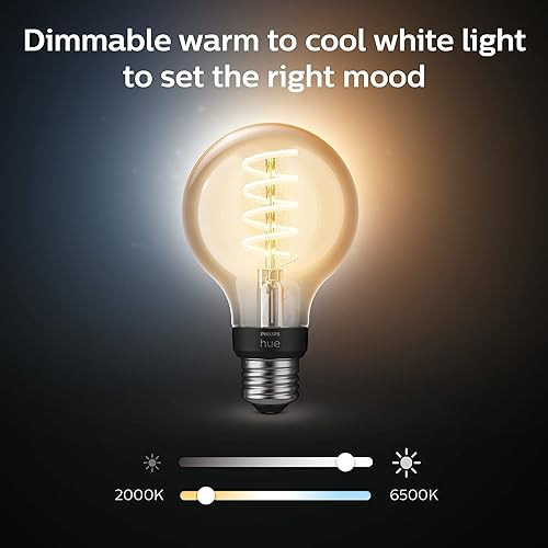 Philips Hue White Ambiance 7W Equivalent 40W Filament G25 Base E26 LED Smart Bulb, Warm-to-Cool White Light, Bluetooth & Zigbee Compatible, Voice Activated with Alexa