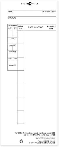 Pyramid 1, 000 Count Time Cards for 4000 and 5000 Time Clocks-French
