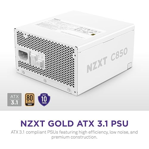 NZXT C850 Gold ATX 3.1 - Fully Modular Low-Noise PC Gaming Power Supply - 850 Watts - 80 Plus Gold - 12V-2x6 Connector - Zero Fan Mode - 100% Japanese Capacitors - White C Series ATX 3.1 White