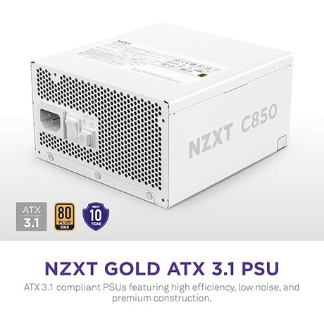NZXT C850 Gold ATX 3.1 - Fully Modular Low-Noise PC Gaming Power Supply - 850 Watts - 80 Plus Gold - 12V-2x6 Connector - Zero Fan Mode - 100% Japanese Capacitors - White C Series ATX 3.1 White
