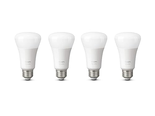 Philips Hue White 10W Equivalent 60W A19 Base E26 LED Smart Bulb, Dimmable, Bluetooth & Zigbee Compatible, Voice Activated with Alexa & Google Assistant, 4-Pack