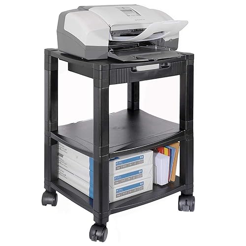 Kantek PS540 3-Shelf Desk Side Mobile Printer Stand with Organizing Drawer, 17 x 13.25 x 24.5-Inches (Black)
