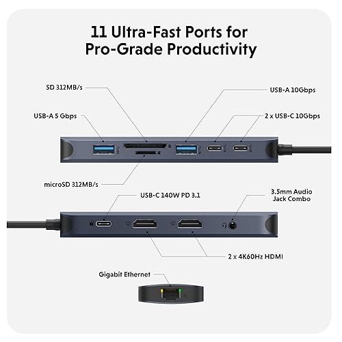 HyperDrive Next 11 Port USB-C Hub, Portable Travel Essentials and Connectivity Solution for Creators, Video Editors, Photographers, and More