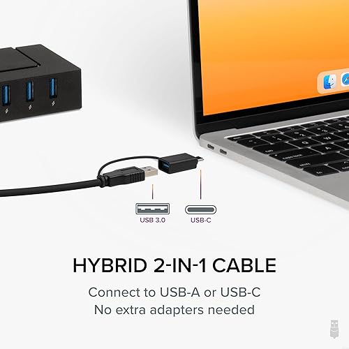 Plugable 7-in-1 USB Powered Hub for Laptops with USB-C or USB 3.0 - Power Station for Multiple Devices and Data Transfer with a 60W Power Adapter, Driverless