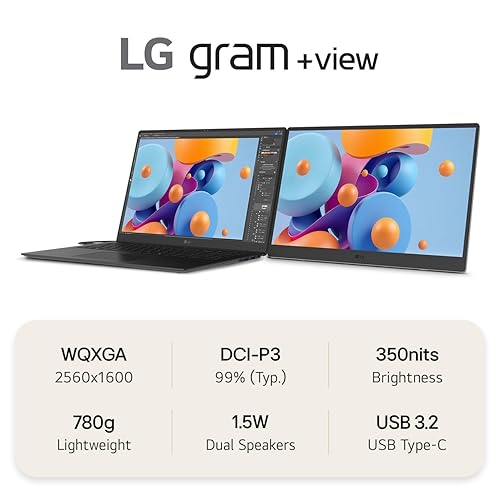 LG gram +view 17MT70 – 17 Lightweight Portable Monitor, WQXGA (2560x1600) IPS, DCI-P3 99%, 16:10 Anti-Glare Display, USB 3.2 Gen1 Type-C, Mini-HDMI, Dual Speakers, Kickstand, Ultra-Slim, Titan Silver