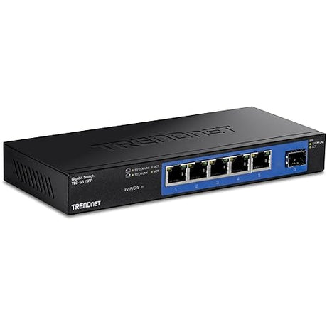 TRENDnet 4-Port Gigabit Switch with SFP Slot, 10 Gbps Switching Capacity, Fanless, 802.1p QoS, Rear Facing Ports, Metal Housing, Network Ethernet Switch, Lifetime Protection, Black, TEG-S51SFP