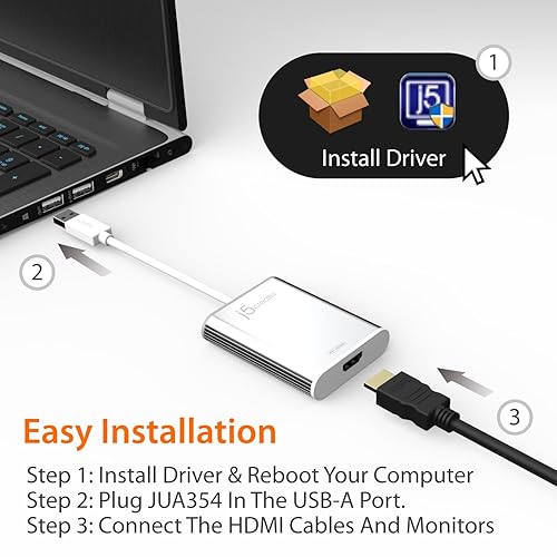 j5create USB 3.0 to 4K HDMI Display Adapter USB 3.0 Male Type-A Connector | HDMI Female Connector | 4K UHD | Resolution Up to 3840 x 2160 @ 30 Hz | Aluminum Housing (JUA354)