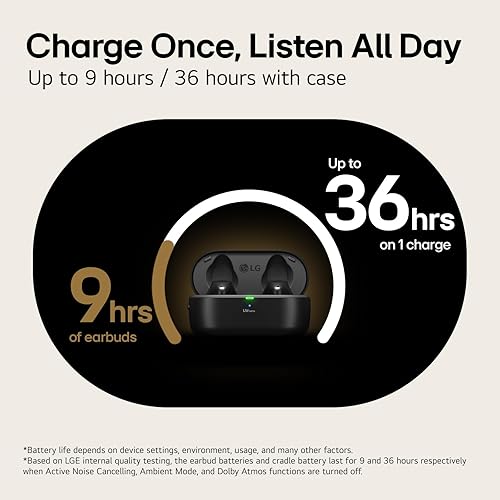 LG Tone Free T90 Dolby Atmos True Wireless Earbuds, UVnano, IPX4 Water Resistant, Up to 36 Hours of Battery Life, Black