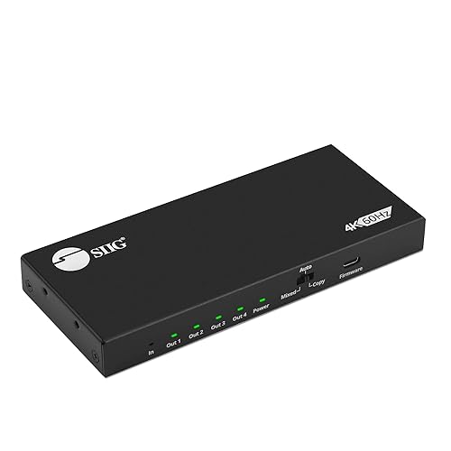 SIIG HDMI Splitter 1 in 4 Out Intelligent Video Downscaling 4K 60Hz HDR HDCP Bypass 2.2 EDID Management Digital and PCM 7.1 Audio (CE-H26C11-S1) 1x4 HDMI Splitter