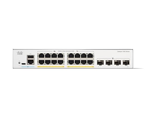 Cisco Catalyst 1300-16P-4X Managed Switch, 16 Port GE, PoE, 4x10GE SFP+, Limited Lifetime Protection (C1300-16P-4X) Cisco Catalyst 1300 Switch / 16-port GE / PoE+ /120W / 4 x 10G uplinks