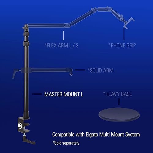 Elgato Master Mount L - Premium Desk Clamp with Pole extendable up to 125cm/49in and 1/4 inch Thread to Mount Lights, Cameras, and Microphones, Perfect for Streaming, Videoconferencing, and Studios
