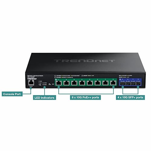 TRENDnet 12-Port 10G PoE++ Web Smart Switch, TPE-7124SBF, 720W PoE Power Budget, 8 x 10G PoE++ Ports, 4 x 10G SFP+ Ports, NDAA TAA Compliant, 1U 19 Rack Mountable, Lifetime Protection