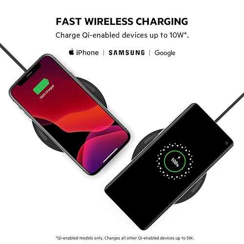 Belkin BoostCharge 10W Fast Wireless Charger Pad, with Included QuickCharge 3.0 Wall Charger and Cable and Case Compatible for iPhones, Galaxy, Pixel and Other Qi Enabled Devices - White White 10W Pad Charger Pad