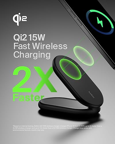 Belkin Magnetic Foldable Wireless Charging Stand 15W - MagSafe-Compatible Qi2-Certified Charger, Wireless Charging Stand for iPhone 16, Galaxy S25, & More - Standby Mode Ready w/PSU Included - Black