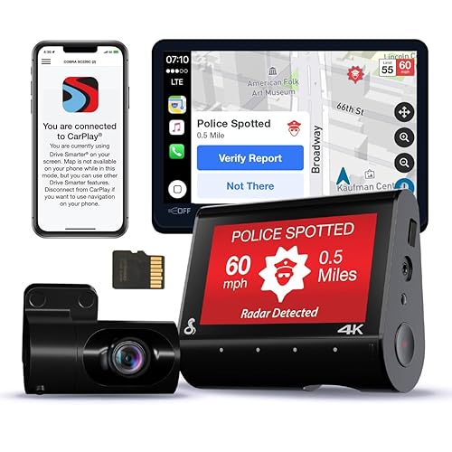 Cobra Smart Dual View Front and Rear Dash Cam (SC 250R) – True 4K Resolution, 360 Alerts, Parking Live View, Incident Reports, Emergency MayDay, 32 GB SD Card Included, CarPlay & Android Auto