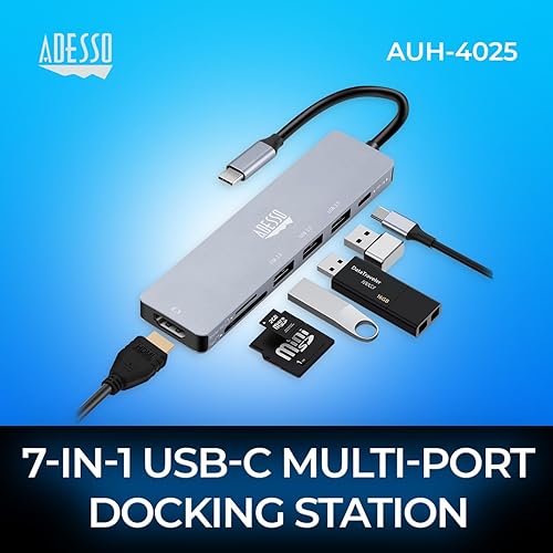 Adesso AUH-4025 7 In 1 Docking Station Usb C To Hdmi Pd 3 Usb A Micro Sd/sd Card Reader