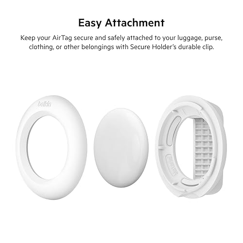 Belkin Apple AirTag Secure Holder with Clip - AirTag Holder - Durable Scratch Resistant AirTag Case - Apple Air Tag Case with Spring Loaded Clip - Attach to Backpack, Clothing, and Luggage - White