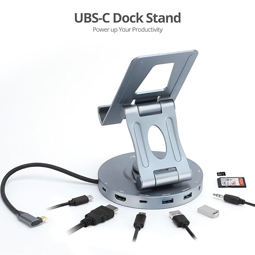 SIIG USB-C Hub Stand - iPhone 15 / iPad mini/Tablet Stand Docking Station, Rotatable Base/Foldable Holder, 4K 60Hz HDMI, USB-A & USB-C 5Gbps, PD 88W, 3.5mm Audio/Mic, SD/TF, for iPad/Surface Pro 9
