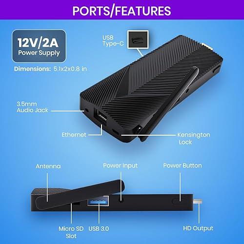 AZULLE Access Pro Fanless Mini PC Stick, Intel N100 0.8GHz, 4GB RAM, 64GB eMMC, Windows 10 IoT Enterprise with Zoom Software