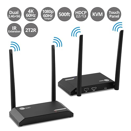 SIIG 1080p Wireless HDMI KVM Extender with 4K@60Hz Loopout - Up to 500 Feet, IR Control, Keyboard and Mouse, Touch Panel Support, USB 2.0 Extension, HDCP 2.2/1.3, Dual Antenna (CE-H26G11-S2)