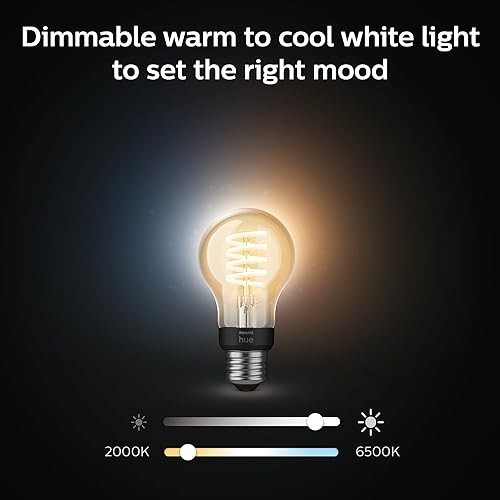 Philips Hue White Ambiance 7W Equivalent 40W Filament A19 Base E26 LED Smart Bulb, Warm-to-Cool White Light, Bluetooth & Zigbee Compatible, Voice Activated with Alexa & Google Assistant