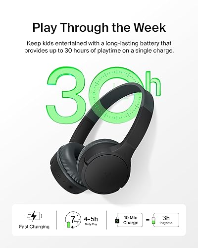 Belkin SoundForm Mini Kids Wireless Headphones w/Built-in Microphone, 30H of Playback Time, & Fun Stickers - Over-Ear Headsets for Online Learning, School, Travel, iPhone, iPad, Galaxy & More - Black Wireless (USB-C) No Case Without Case Black