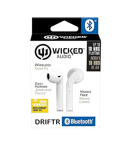 Wicked Audio Driftr True Wireless Bluetooth 5.0 Earbuds 10H Combined Playtime Built-in Microphone, Track Controls, Hands Free, Angled Housing, Fast Charging Case, Easy Pairing for iOS and Android (White)