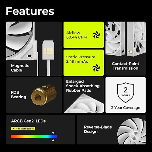 TRYX ROTA SL ARGB White 120mm Case Fan Reverse 3in1 Pogo-Pin Connection with Magnetic Cable Gen2 ARGB Light Quiet Triple PC Case Fan