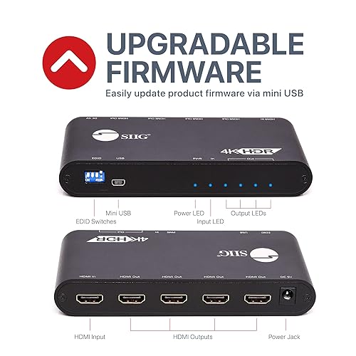 SIIG 1x4 HDMI 4K HDR Splitter - 4K@60Hz, HDCP 2.2, 18Gbps, Auto Scaling, Cascadable, Firmware Upgradable, 1 in 4 Out, TAA Compliant (CE-H22Y11-S1) 1 to 4
