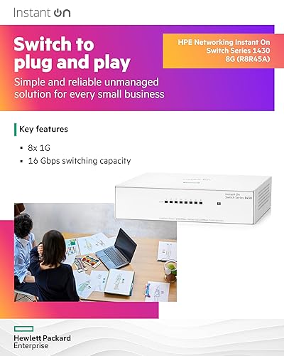 HPE Networking Instant On Switch Series 1430 8-Port Gb Unmanaged Layer 2 Ethernet Switch | 8X 1G | Fan-Less | US Cord (R8R45A#ABA) 8G