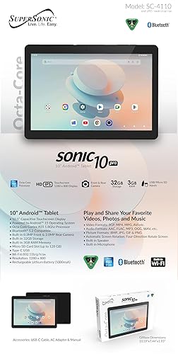 Supersonic SC-4110 Sonic10pro, 10 Android 15 Tablet, Fast Octa-Core CPU, Clear IPS Display, Dual Cameras, Wi-Fi & Bluetooth 5.2, 3GB RAM, 32GB + Expandable Storage, USB-C & Long Battery Life 10 inch