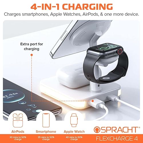 Spracht Flex Charge 4, 4-in-1 Wireless Charging Stand | 25W Fast Charger, Magnetic Connection -Works for Smartphone, Watch, Ear Buds, Qi-Enabled Devices | Nightlight, Magnetic Charging Stand (White)