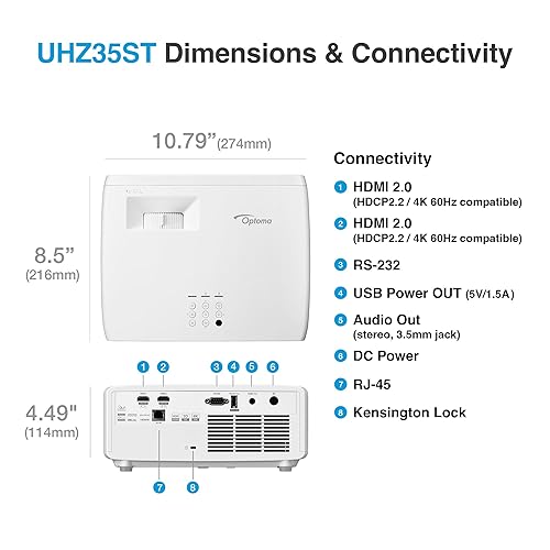 Optoma UHZ35ST Compact Short Throw Laser Home Theater and Gaming Projector, 4K UHD Laser, High Bright 3,500 Lumens UHZ35ST (Latest, Laser, Short Throw)