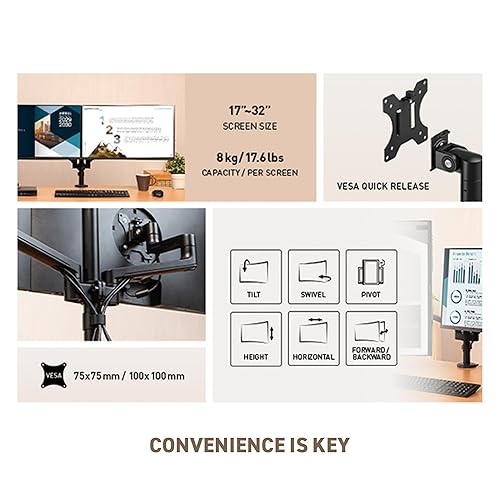 MSI PRO MT81D - Premium Aluminum Dual Monitor Stand Arms, Supports 17-32 & 17.6 lbs per Screen, VESA Compatible, Adjustable Desk Mount, Clamp & Grommet Base, Quick Release Plate - Black