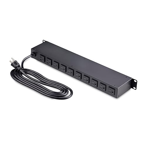 StarTech.com 12-Outlet Horizontal Rack Mount Metered PDU, 1U Server Power Strip w/Surge Protector, 8ft/2.4m Power Cable, TAA 12 Outlets | 15A