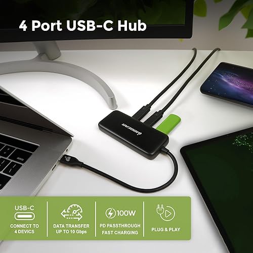 IOGEAR 4 Port USB-C Hub, USB 3.2 Gen 2, 10Gbps, 100W Power Delivery, High Speed Data Transfer, Windows, macOS, GUH3C4C