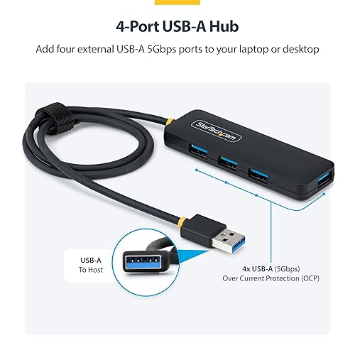 StarTech.com 4-Port USB-A Hub, 5Gbps, Bus Powered, 4X USB-A Mini Hub, Extra Long 2ft/61cm Host Cable, PCR Plastic