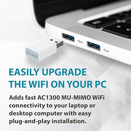 D-Link AC1300 USB WiFi Adapter | 2.4/5GHz Dual Band Wireless Internet Travel Size for Desktop PC Laptop | MU-MIMO Plug & Play | Supports Windows 10/11 Drivers | WPA3 Enhanced Security (AC13U-CA)