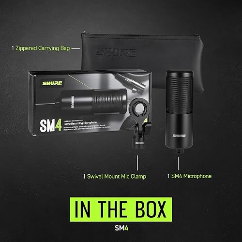 Shure SM4 Studio Recording Microphone, XLR Home Studio Condenser Mic Optimized for Soft Vocals to Loud Instruments with Mix-Ready Audio - All-Metal Construction (SM4-K) SM4 Only