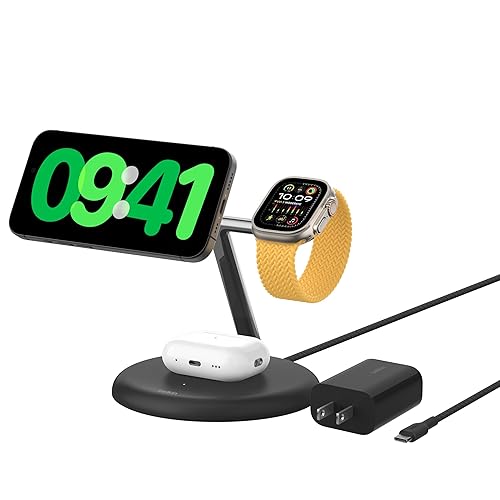 Belkin MagSafe-Compatible 3-in-1 Wireless Charger Stand 15W - Qi2-Certified Wireless Charging Station, Fast Charging of iPhone 16, AirPods, & Apple Watch - 36W Included - Black Black Gen 2