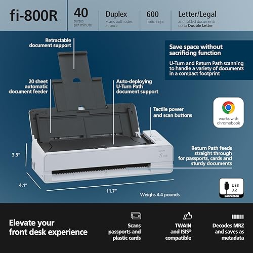 RICOH fi-800R Ultra-Compact, Colour Duplex Document Scanner with Dual Auto Document Feeders (ADF)