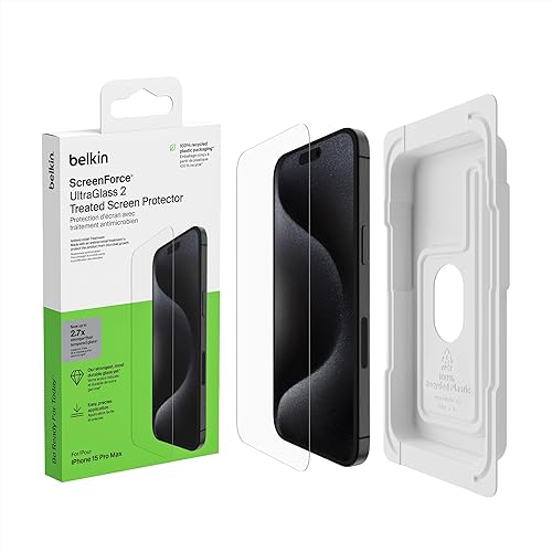 Belkin ScreenForce UltraGlass 2 Treated iPhone 15 Pro Max Screen Protector - Scratch-Resistant, 9H Hardness Tested Glass w/Slim Design - Includes Easy Align Tray for Bubble-Free Application
