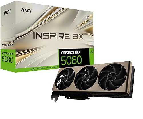 MSI Gaming RTX 5080 16G Inspire 3X OC Graphics Card (16GB GDDR7, 256-bit, Extreme Clock TBD MHz, DisplayPort x 3 2.1a, HDMI 2.1b, NVIDIA Blackwell Architecture)
