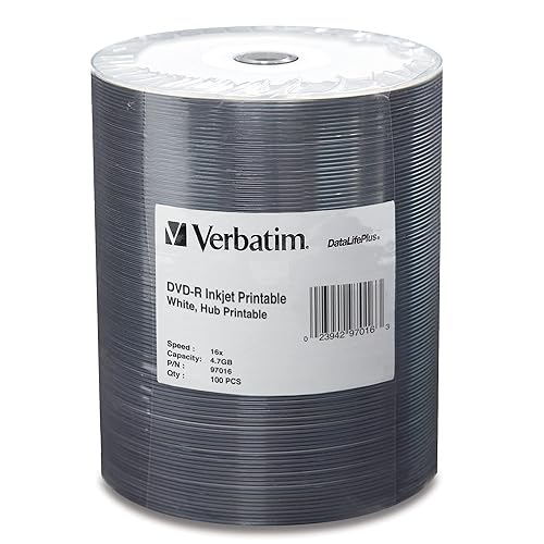 Verbatim America, LLC Verbatim DVD-R, 16X Speed, 4.7GB, Inkjet Printable, Wrapped, 100/Pk, White