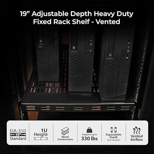 IOGEAR 1U Adjustable Depth Vented Rack Shelf – Heavy Duty Steel, 330 lb Capacity, 19.5–38.3 Depth, 27.5 Shelf, TAA Compliant — GRSH01