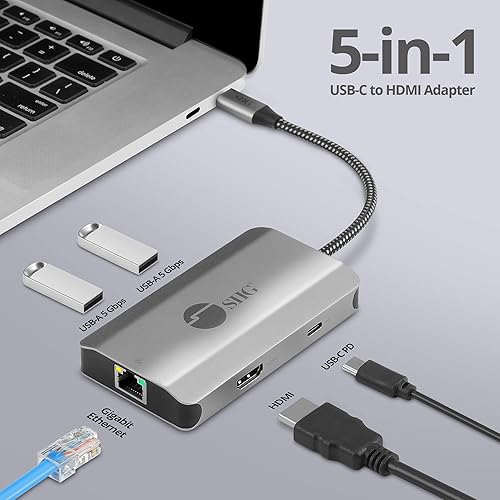 SIIG 5-in-1 USB C Hub, 4K 30Hz HDMI Output/Ethernet 1Gbps/ 2X USB-A 5Gbps/ PD 100W USB-C for MacBook, Windows(Intel/AMD/Snapdragon), Chromebooks and USB Devices (JU-H30L11-S1)