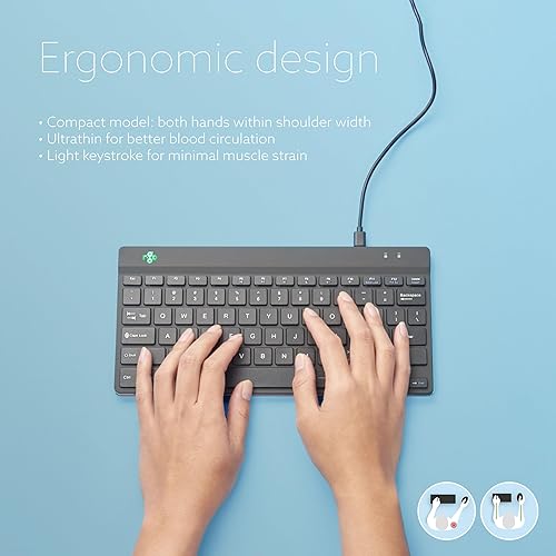R-Go Tools Compact Slim Ergonomic Wired-USB-C Keyboard for PC/Computer/Desktop/Windows/Linux/Mac QWERTY (US), Break LED Function, Black (Black)