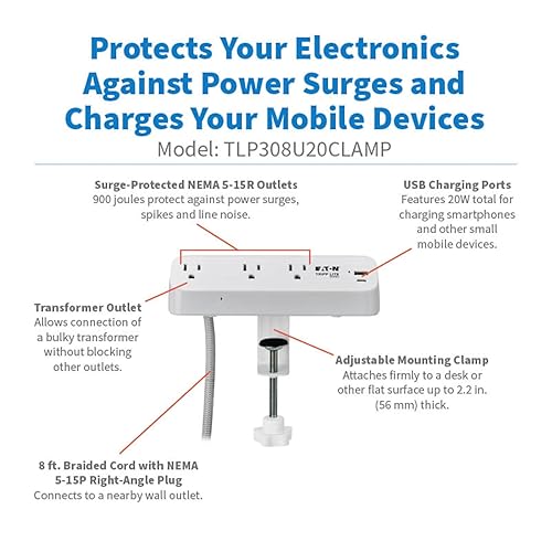 Eaton Tripp Lite Series Desk Clamp Power Strip Surge Protector, 3-Outlets, USB-A & USB-C Charging Ports, 900 Joules, 8ft Braided Flat Extension Cord, Lifetime Manufacturer's Warranty (TLP308U20CLAMP) 3 Outlets White (USB-A + USB-C)